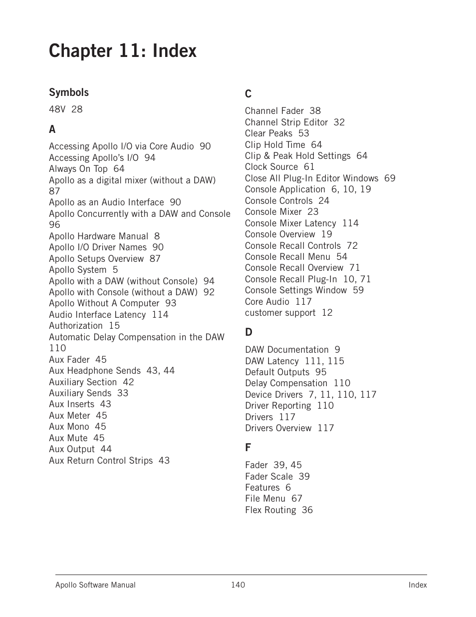 Chapter 11: index | Universal Audio Apollo Software User Manual | Page 140 / 151