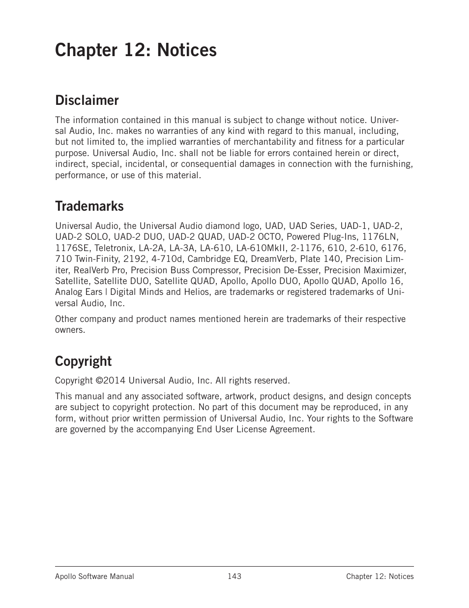 Chapter 12: notices, Disclaimer, Trademarks | Copyright, Disclaimer trademarks copyright | Universal Audio Apollo Software User Manual | Page 143 / 151