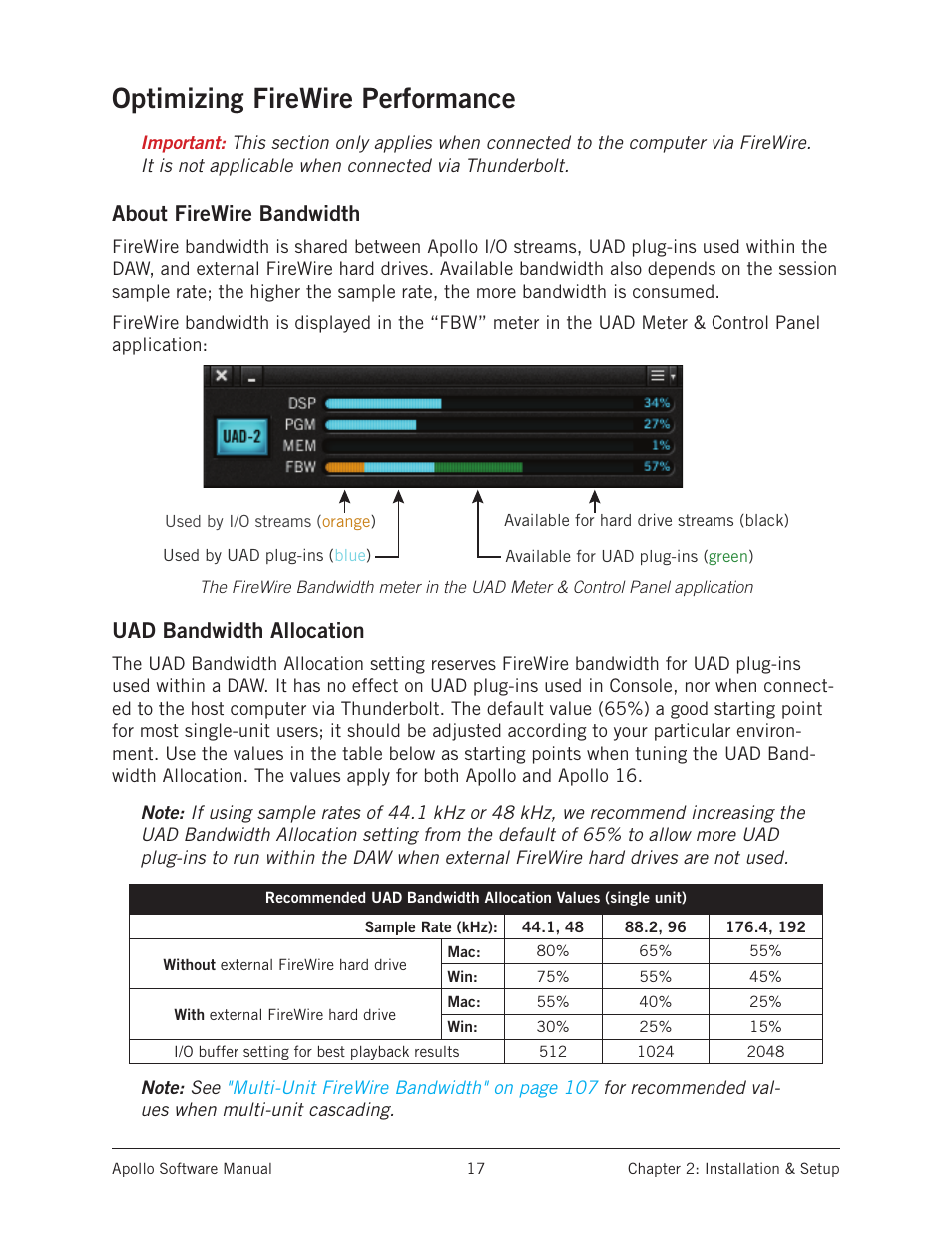 Optimizing firewire performance, About firewire bandwidth, Uad bandwidth allocation | Universal Audio Apollo Software User Manual | Page 17 / 151