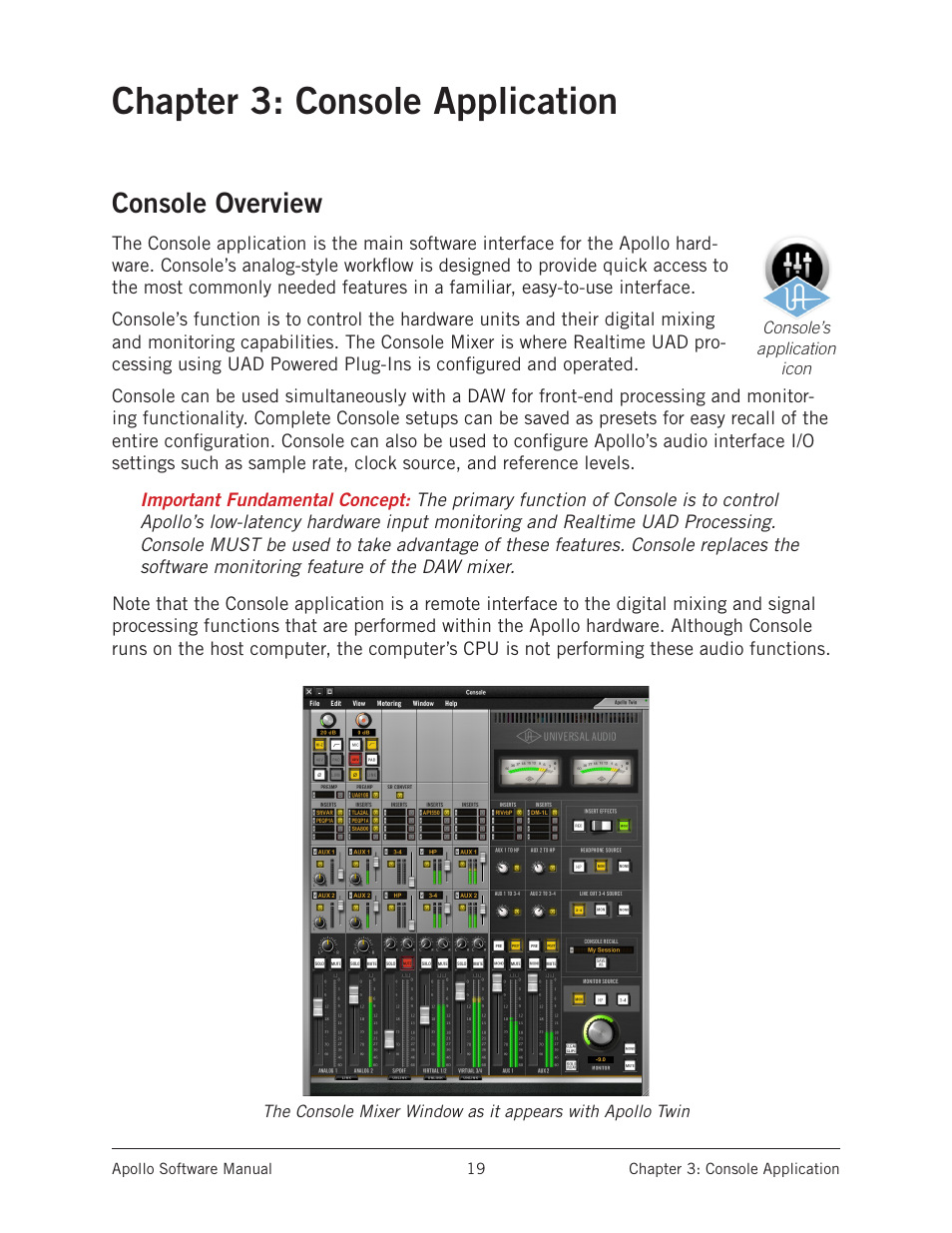 Chapter 3: console application, Console overview | Universal Audio Apollo Software User Manual | Page 19 / 151