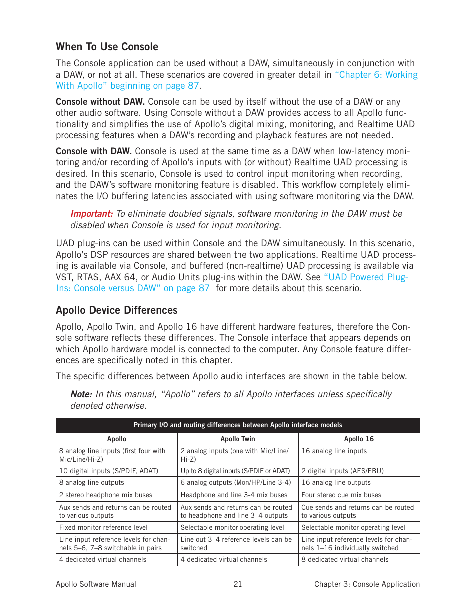 When to use console, Apollo device differences | Universal Audio Apollo Software User Manual | Page 21 / 151