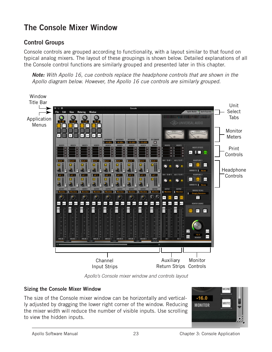 The console mixer window, Control groups | Universal Audio Apollo Software User Manual | Page 23 / 151