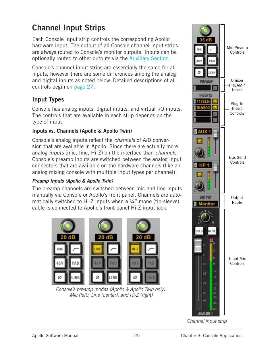 Channel input strips, Input types | Universal Audio Apollo Software User Manual | Page 25 / 151