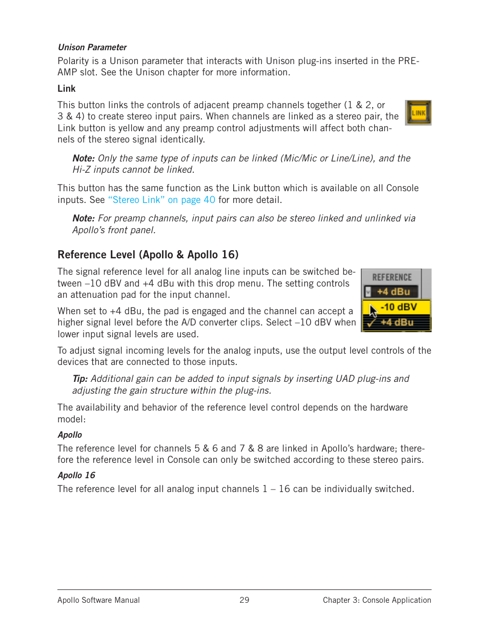 Reference level (apollo & apollo 16) | Universal Audio Apollo Software User Manual | Page 29 / 151