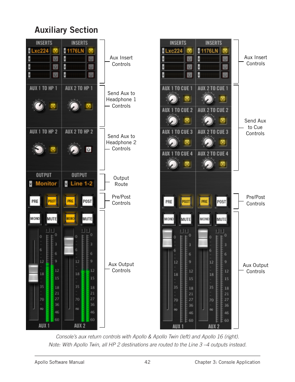 Auxiliary section, Optionally routed to other outputs via the | Universal Audio Apollo Software User Manual | Page 42 / 151