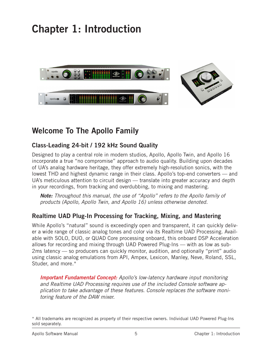 Chapter 1: introduction, Welcome to the apollo family | Universal Audio Apollo Software User Manual | Page 5 / 151