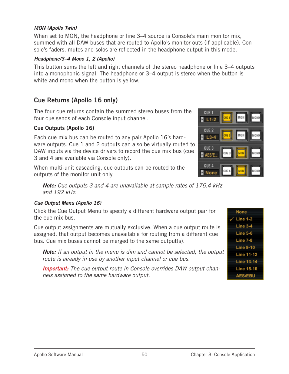 Cue returns (apollo 16 only) | Universal Audio Apollo Software User Manual | Page 50 / 151