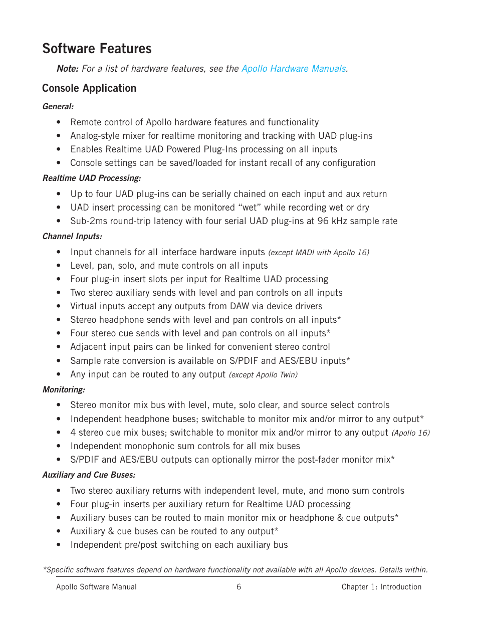 Software features, Console application | Universal Audio Apollo Software User Manual | Page 6 / 151