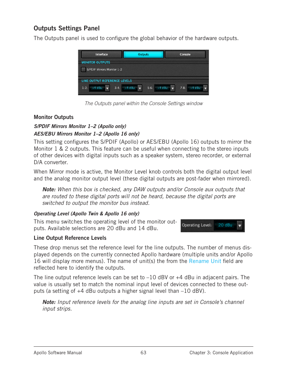 Outputs settings panel | Universal Audio Apollo Software User Manual | Page 63 / 151