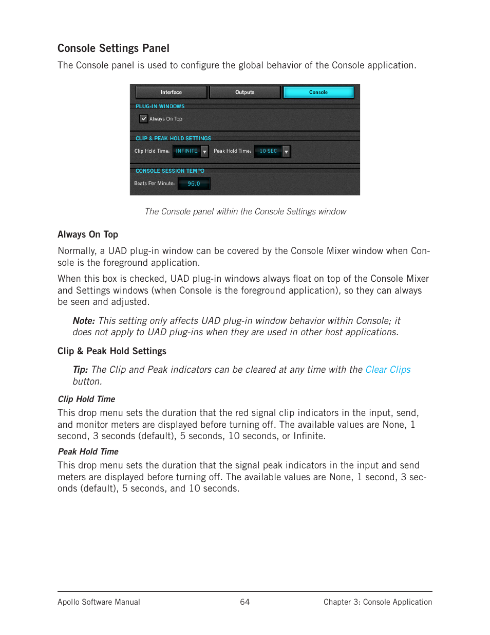 Console settings, Panel, In the | Console settings panel | Universal Audio Apollo Software User Manual | Page 64 / 151