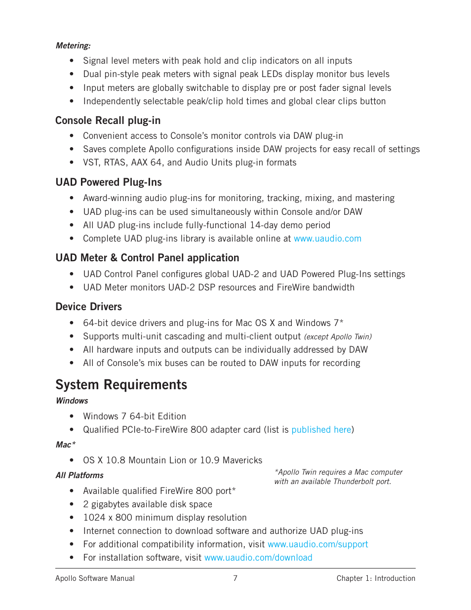 System requirements | Universal Audio Apollo Software User Manual | Page 7 / 151