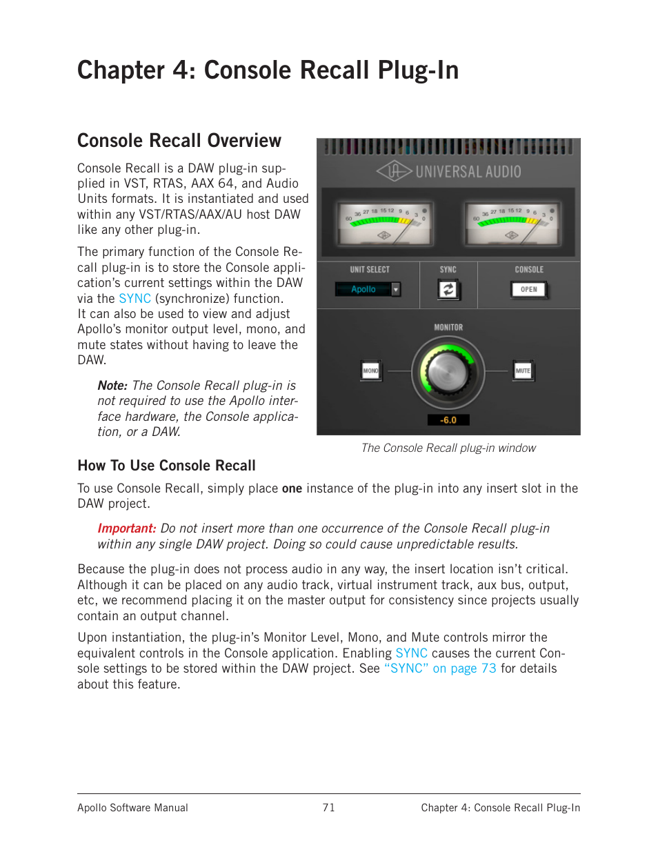 Chapter 4: console recall plug-in, Console recall overview | Universal Audio Apollo Software User Manual | Page 71 / 151