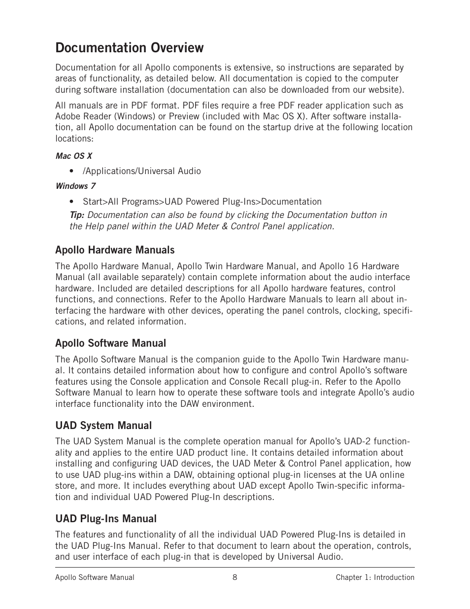 Documentation overview | Universal Audio Apollo Software User Manual | Page 8 / 151