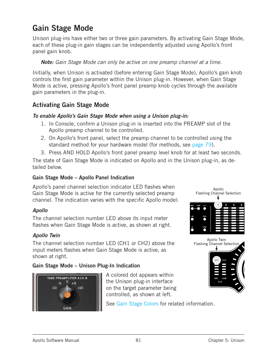 Gain stage mode, Activating gain stage mode, Apollo software manual chapter 5: unison 81 | Universal Audio Apollo Software User Manual | Page 81 / 151
