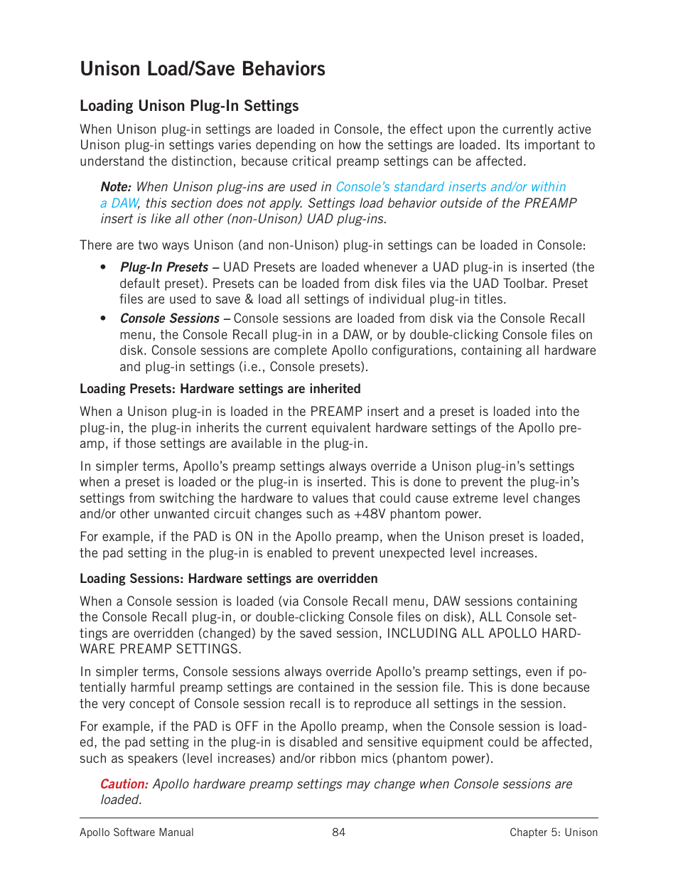 Unison load/save behaviors | Universal Audio Apollo Software User Manual | Page 84 / 151