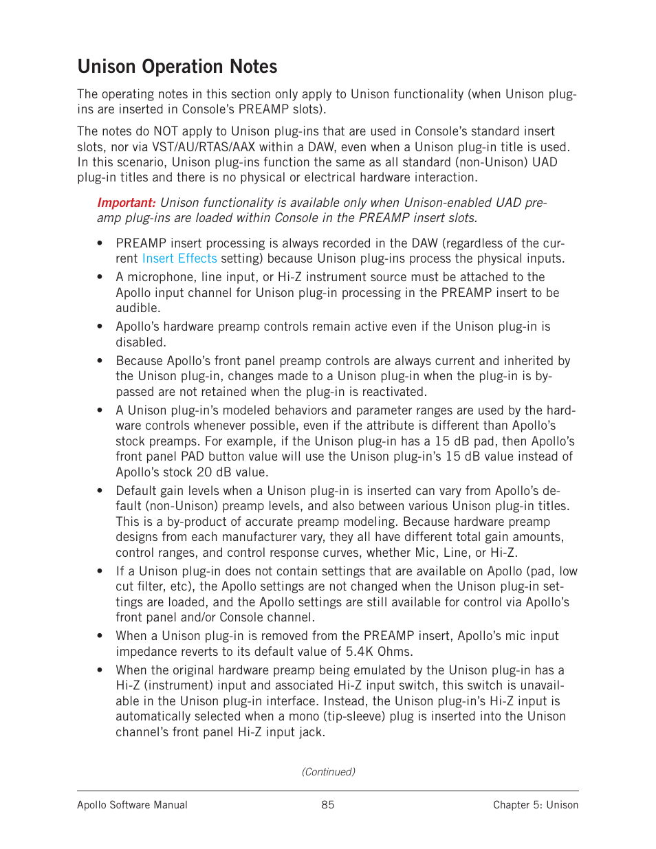 Unison operation notes | Universal Audio Apollo Software User Manual | Page 85 / 151