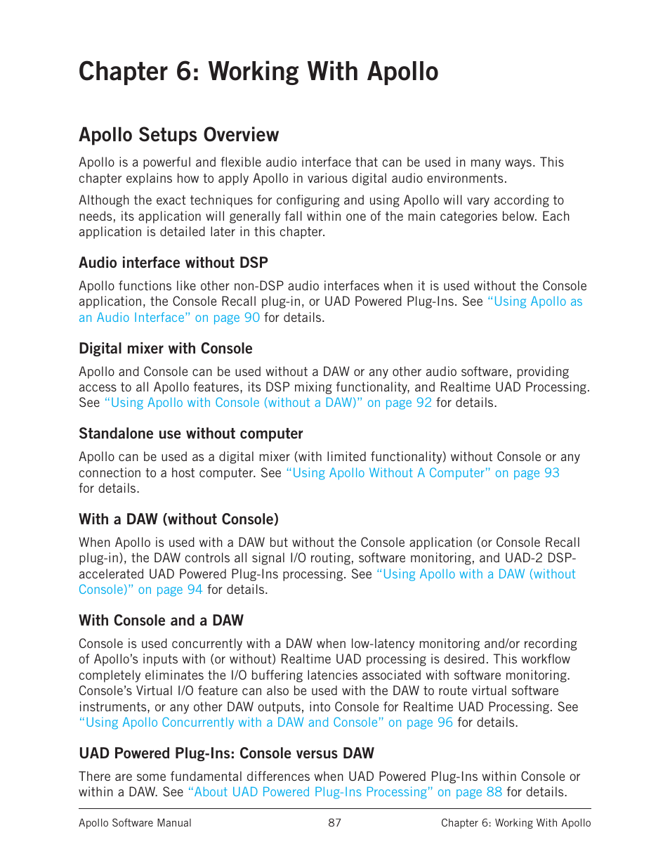 Chapter 6: working with apollo, Apollo setups overview, Chapter 6: working | Uad powered plug | Universal Audio Apollo Software User Manual | Page 87 / 151