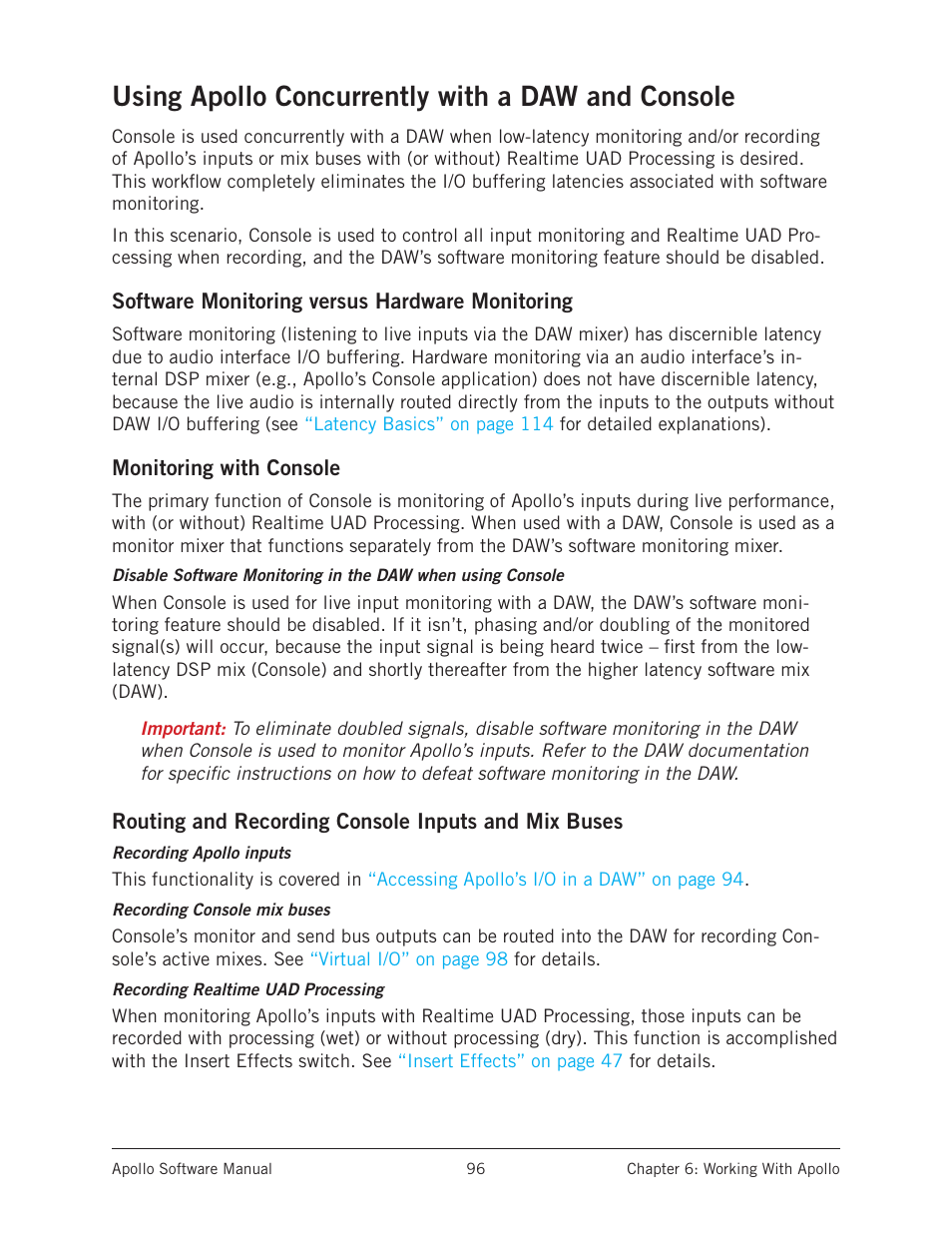 Using apollo concurrently with a daw and console, For details, Using apollo concurrently with | A daw and console, Using apollo | Universal Audio Apollo Software User Manual | Page 96 / 151