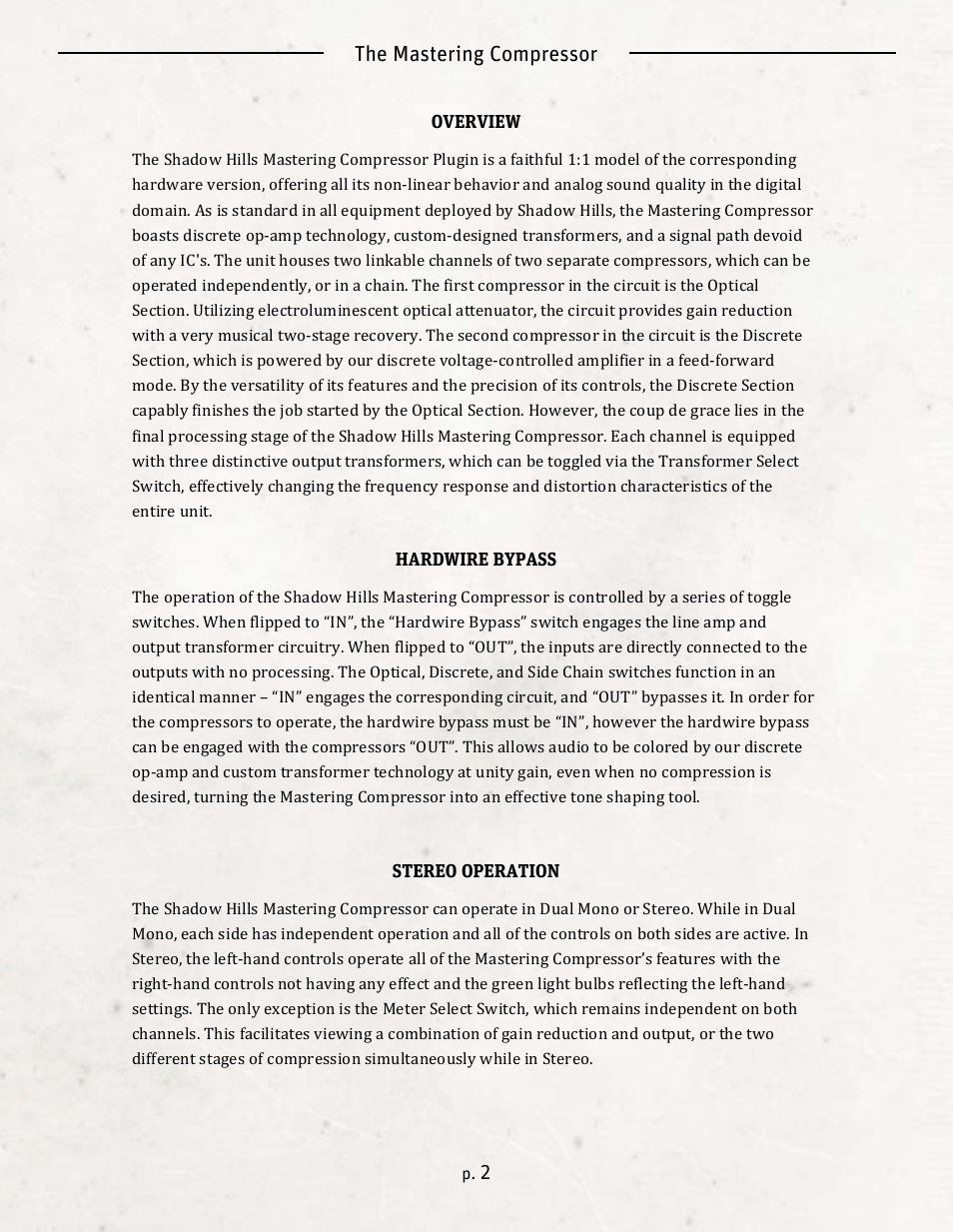 The mastering compressor | Universal Audio SHADOW HILLS MASTERING COMPRESSOR User Manual | Page 2 / 8