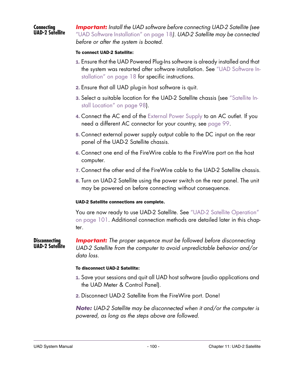 Connecting uad-2 satellite, Disconnecting uad-2 satellite | Universal Audio UAD SYSTEM ver.6.3.2 User Manual | Page 100 / 129