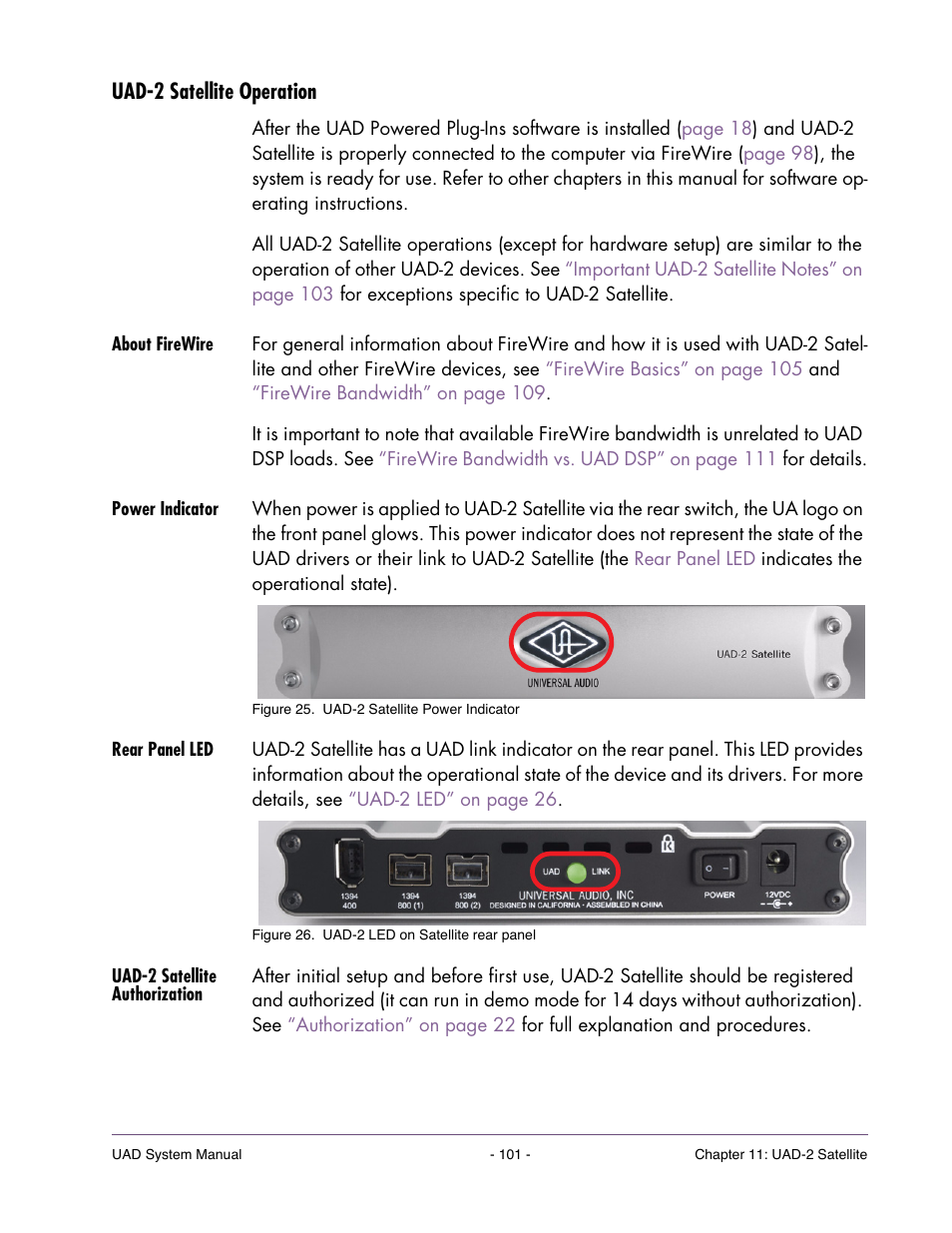 Uad-2 satellite operation, About firewire, Power indicator | Rear panel led, Uad-2 satellite authorization | Universal Audio UAD SYSTEM ver.6.3.2 User Manual | Page 101 / 129