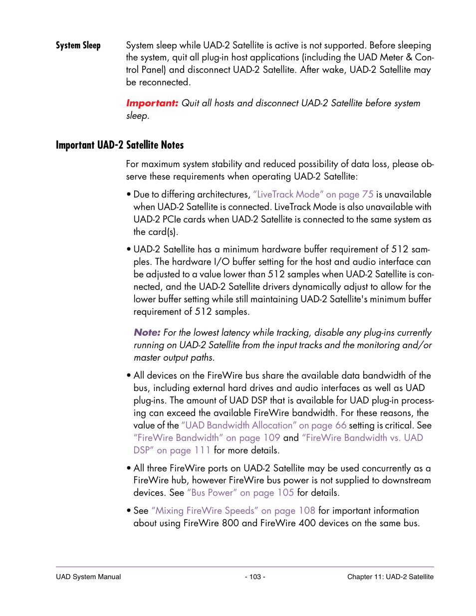 System sleep, Important uad-2 satellite notes, Operation of other uad-2 devices. see | Important uad-2 satellite notes” on | Universal Audio UAD SYSTEM ver.6.3.2 User Manual | Page 103 / 129