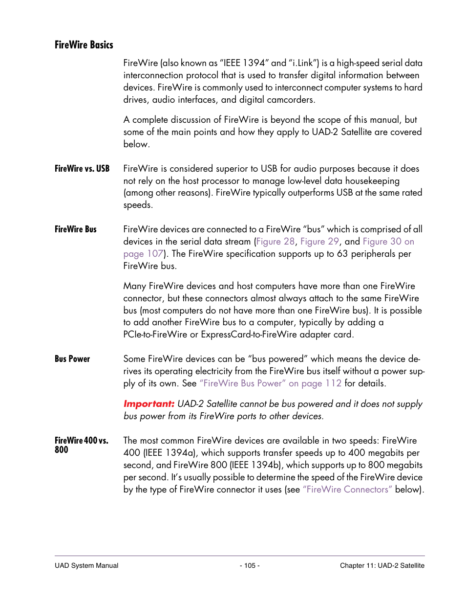 Firewire basics, Firewire vs. usb, Firewire bus | Bus power, Firewire 400 vs. 800, It with uad-2 satellite. for details, see | Universal Audio UAD SYSTEM ver.6.3.2 User Manual | Page 105 / 129