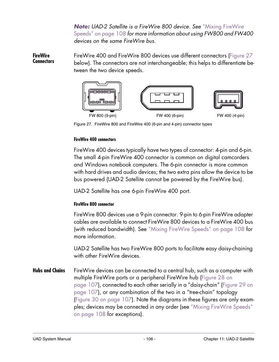 Firewire connectors, Hubs and chains, By the type of firewire connector it uses (see | Universal Audio UAD SYSTEM ver.6.3.2 User Manual | Page 106 / 129