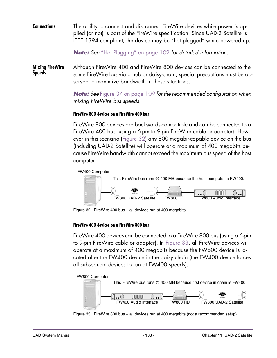 Connections, Mixing firewire speeds, Dering of the firewire devices. see | For impor, Uad-2 satellite is a firewire 800 device. see, Mixing firewire, With reduced bandwidth). see, For exceptions) | Universal Audio UAD SYSTEM ver.6.3.2 User Manual | Page 108 / 129