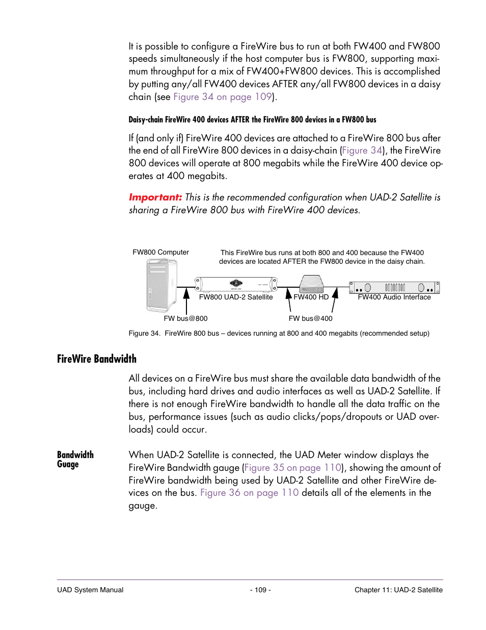 Firewire bandwidth, Bandwidth guage, For details | The same bus. see, For additional infor, For the recommended configuration when | Universal Audio UAD SYSTEM ver.6.3.2 User Manual | Page 109 / 129