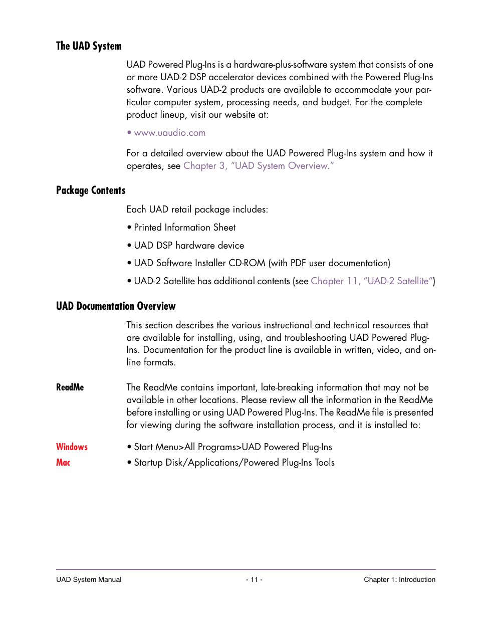 The uad system, Package contents, Uad documentation overview | Readme | Universal Audio UAD SYSTEM ver.6.3.2 User Manual | Page 11 / 129