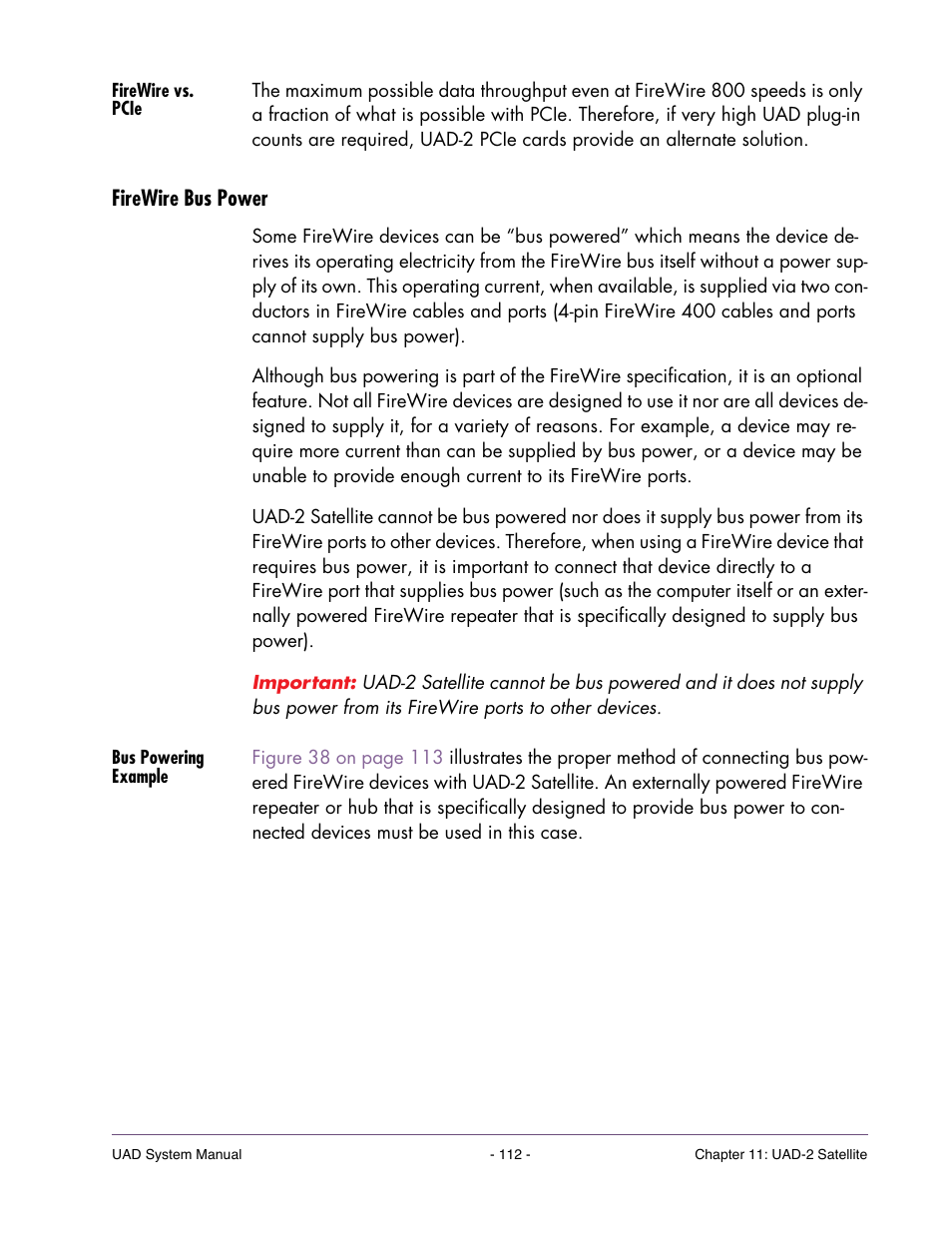 Firewire vs. pcie, Firewire bus power, Bus powering example | Ply of its own. see, For details | Universal Audio UAD SYSTEM ver.6.3.2 User Manual | Page 112 / 129