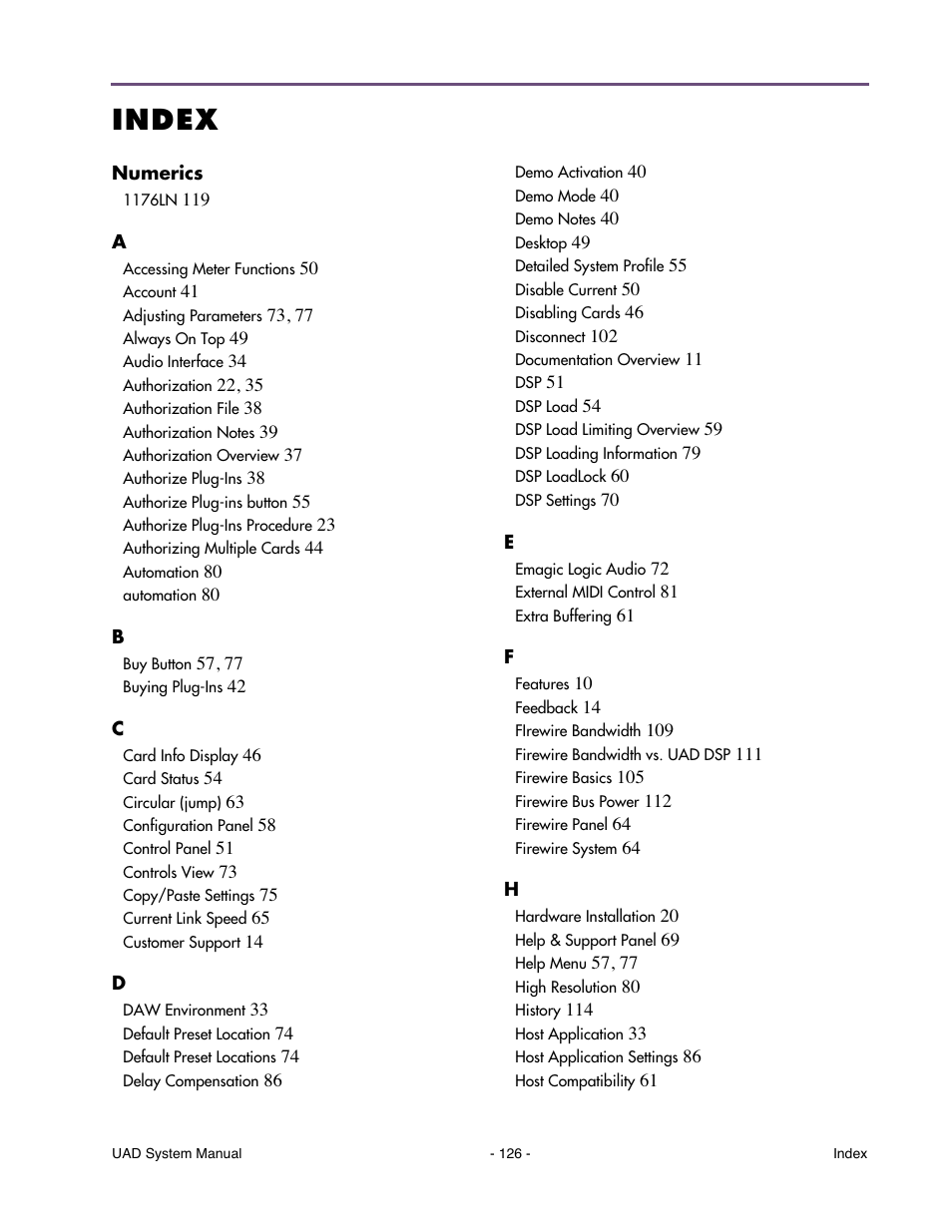 Index | Universal Audio UAD SYSTEM ver.6.3.2 User Manual | Page 126 / 129