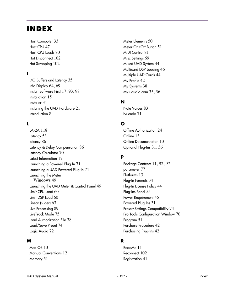 Index | Universal Audio UAD SYSTEM ver.6.3.2 User Manual | Page 127 / 129