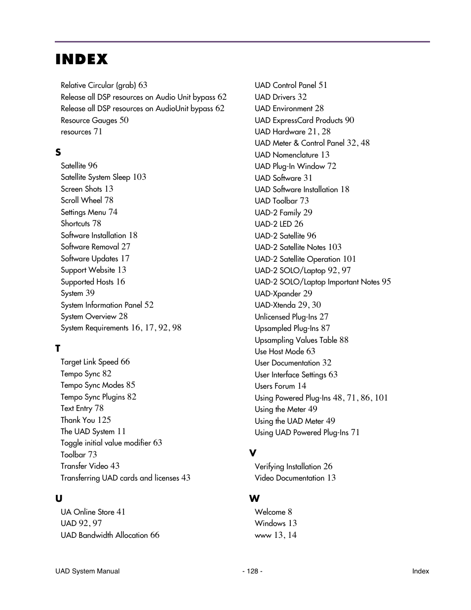 Index | Universal Audio UAD SYSTEM ver.6.3.2 User Manual | Page 128 / 129