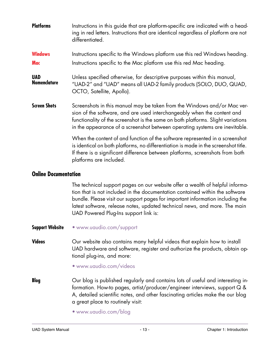 Platforms, Uad nomenclature, Screen shots | Online documentation, Support website, Videos, Blog | Universal Audio UAD SYSTEM ver.6.3.2 User Manual | Page 13 / 129