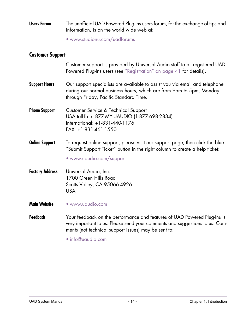 Users forum, Customer support, Support hours | Phone support, Online support, Factory address, Main website, Feedback | Universal Audio UAD SYSTEM ver.6.3.2 User Manual | Page 14 / 129