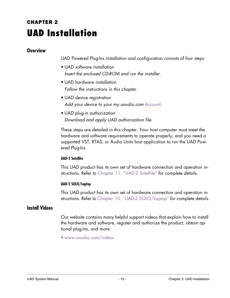 Uad installation, Overview, Install videos | Chapter 2. uad installation | Universal Audio UAD SYSTEM ver.6.3.2 User Manual | Page 15 / 129