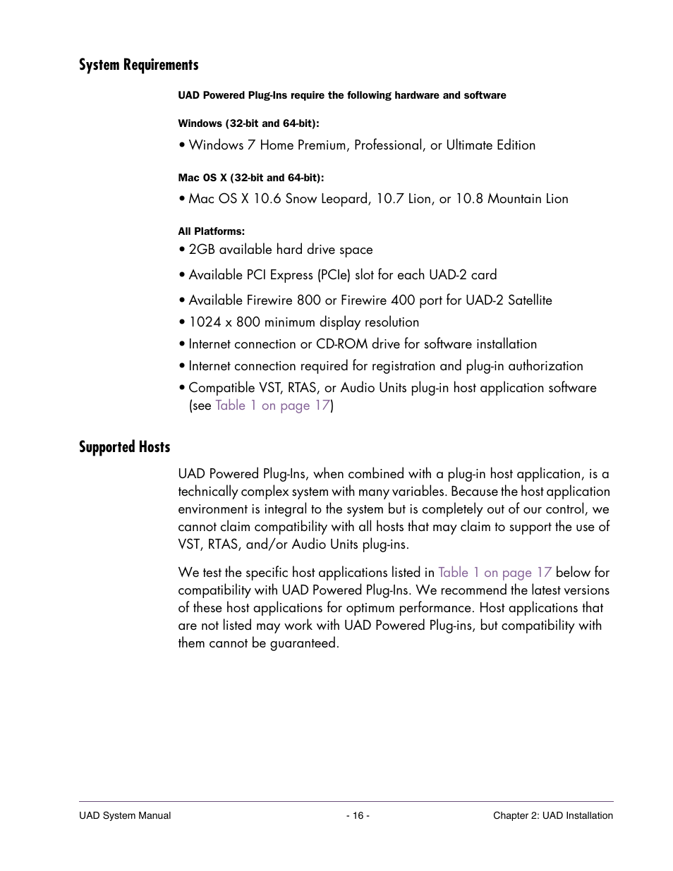 System requirements, Supported hosts | Universal Audio UAD SYSTEM ver.6.3.2 User Manual | Page 16 / 129