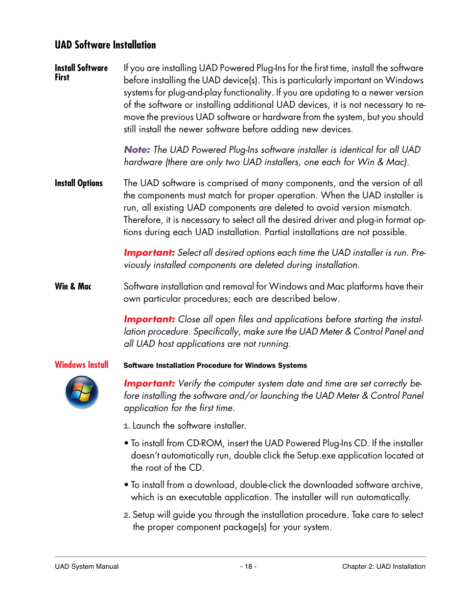 Uad software installation, Install software first, Install options | Win & mac | Universal Audio UAD SYSTEM ver.6.3.2 User Manual | Page 18 / 129