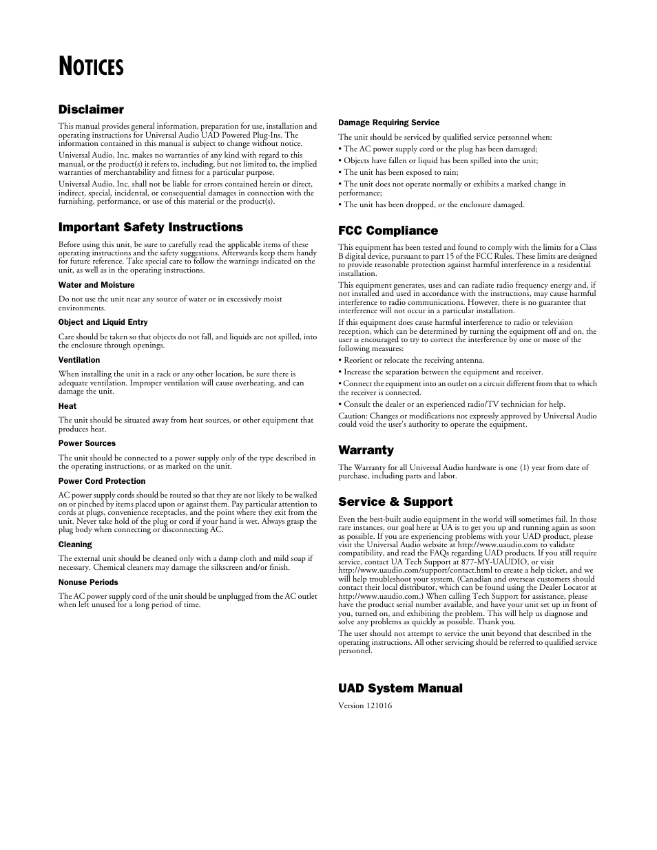 Otices, Disclaimer, Important safety instructions | Fcc compliance, Warranty, Service & support, Uad system manual | Universal Audio UAD SYSTEM ver.6.3.2 User Manual | Page 2 / 129