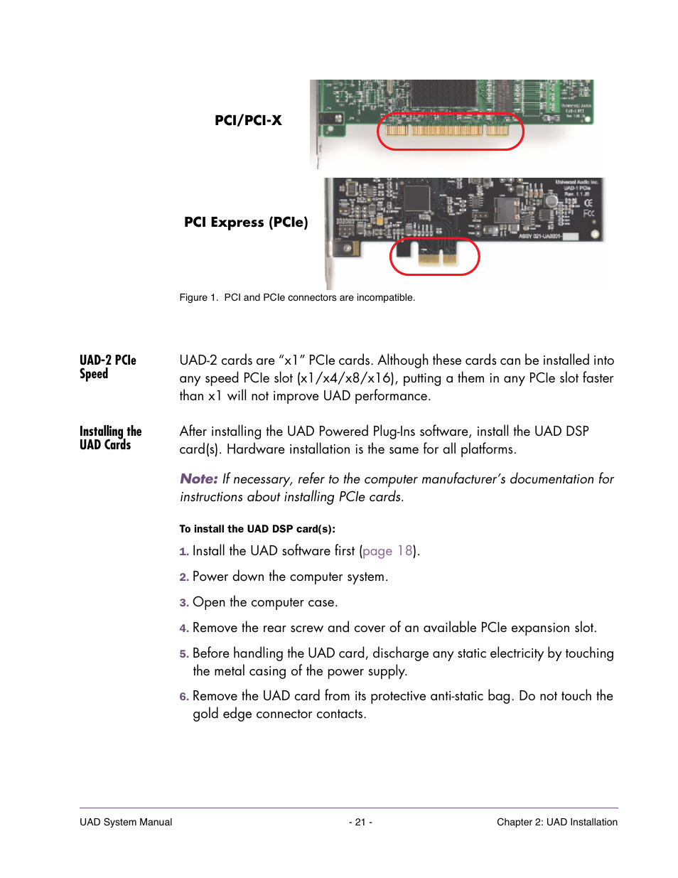 Uad-2 pcie speed, Installing the uad cards, Ferent connector (see | Universal Audio UAD SYSTEM ver.6.3.2 User Manual | Page 21 / 129