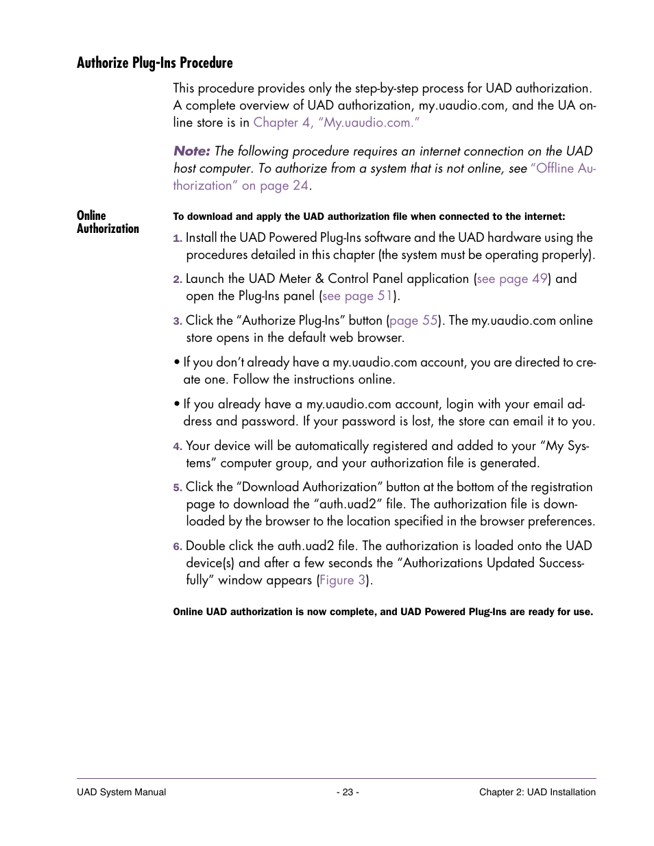 Authorize plug-ins procedure, Online authorization, Vice. these steps are detailed in the | Authorize plug-ins procedure” on | Universal Audio UAD SYSTEM ver.6.3.2 User Manual | Page 23 / 129