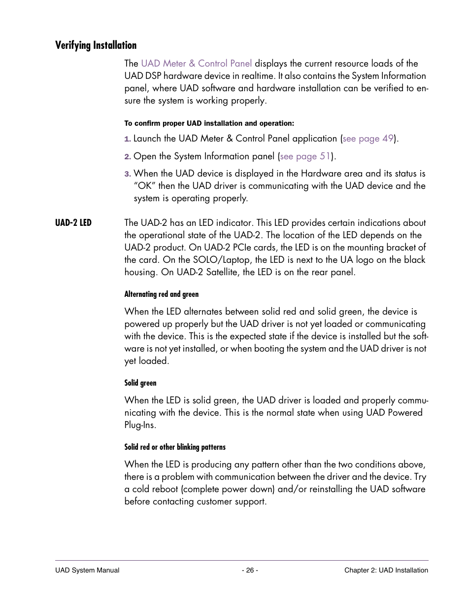 Verifying installation, Uad-2 led, Verify | Universal Audio UAD SYSTEM ver.6.3.2 User Manual | Page 26 / 129