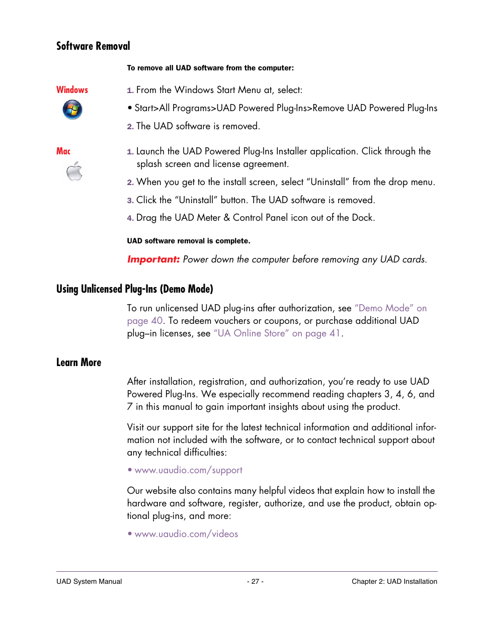 Software removal, Using unlicensed plug-ins (demo mode), Learn more | Universal Audio UAD SYSTEM ver.6.3.2 User Manual | Page 27 / 129