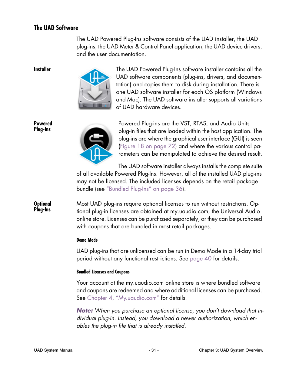 The uad software, Installer, Powered plug-ins | Optional plug-ins, Connects via firewire, enabling, Powered, Plug-ins | Universal Audio UAD SYSTEM ver.6.3.2 User Manual | Page 31 / 129