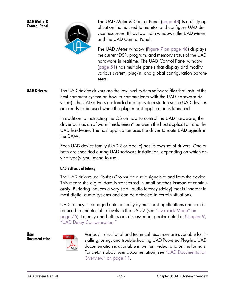 Uad meter & control panel, Uad drivers, User documentation | Universal Audio UAD SYSTEM ver.6.3.2 User Manual | Page 32 / 129