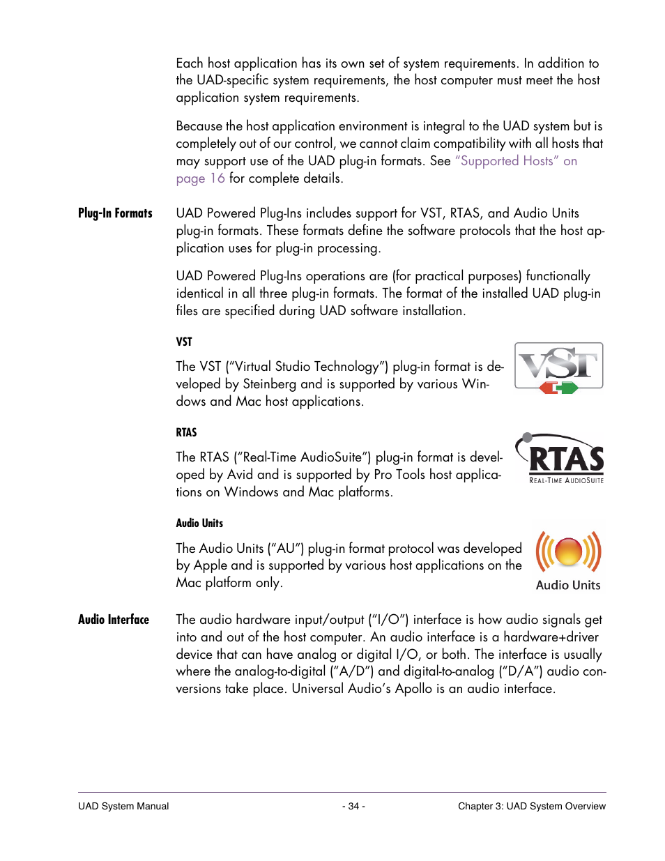 Plug-in formats, Audio interface | Universal Audio UAD SYSTEM ver.6.3.2 User Manual | Page 34 / 129