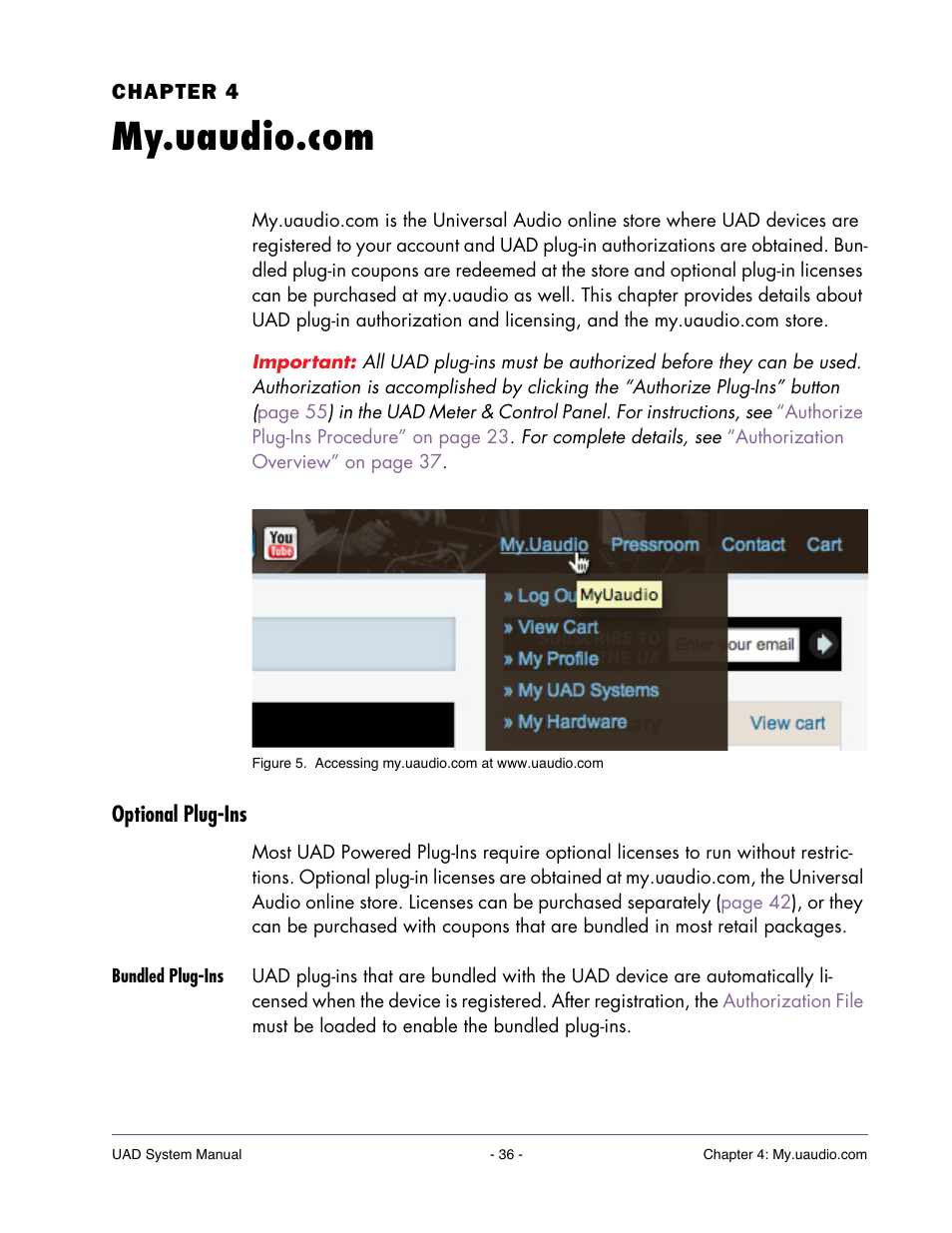 My.uaudio.com, Optional plug-ins, Bundled plug-ins | Chapter 4. my.uaudio.com, Line store is in, Chapter 4, “my.uaudio.com, Bundle (see | Universal Audio UAD SYSTEM ver.6.3.2 User Manual | Page 36 / 129
