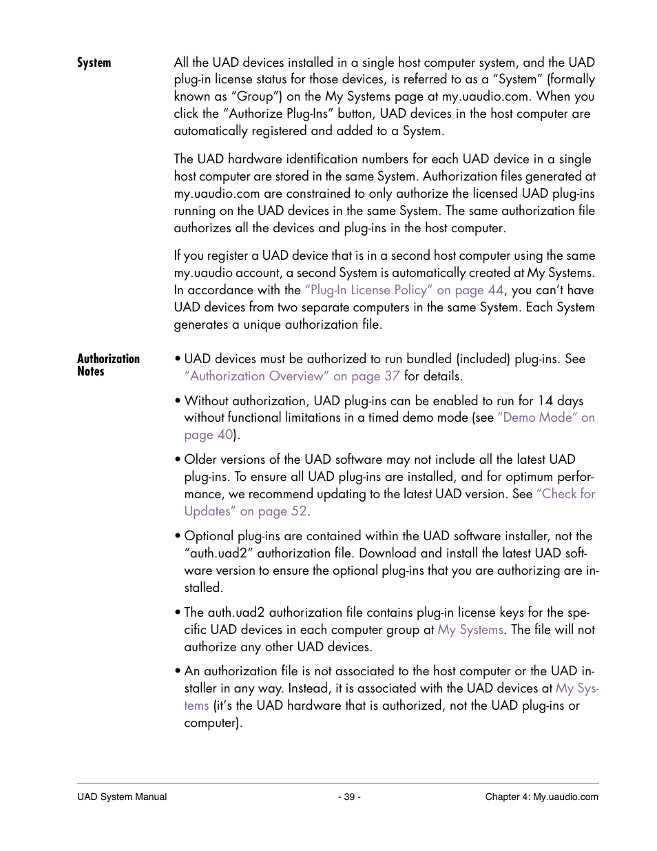 System, Authorization notes | Universal Audio UAD SYSTEM ver.6.3.2 User Manual | Page 39 / 129